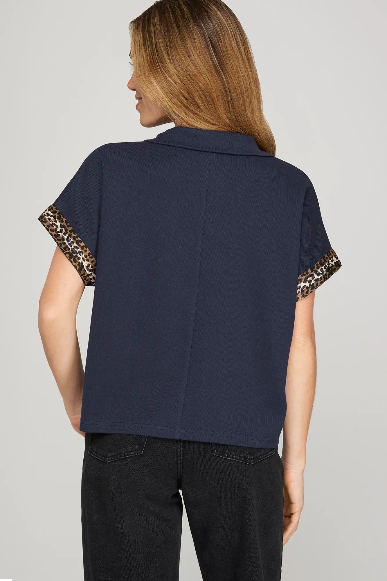 Leopard Accent Drop Shoulder Half-Zip Top in Navy