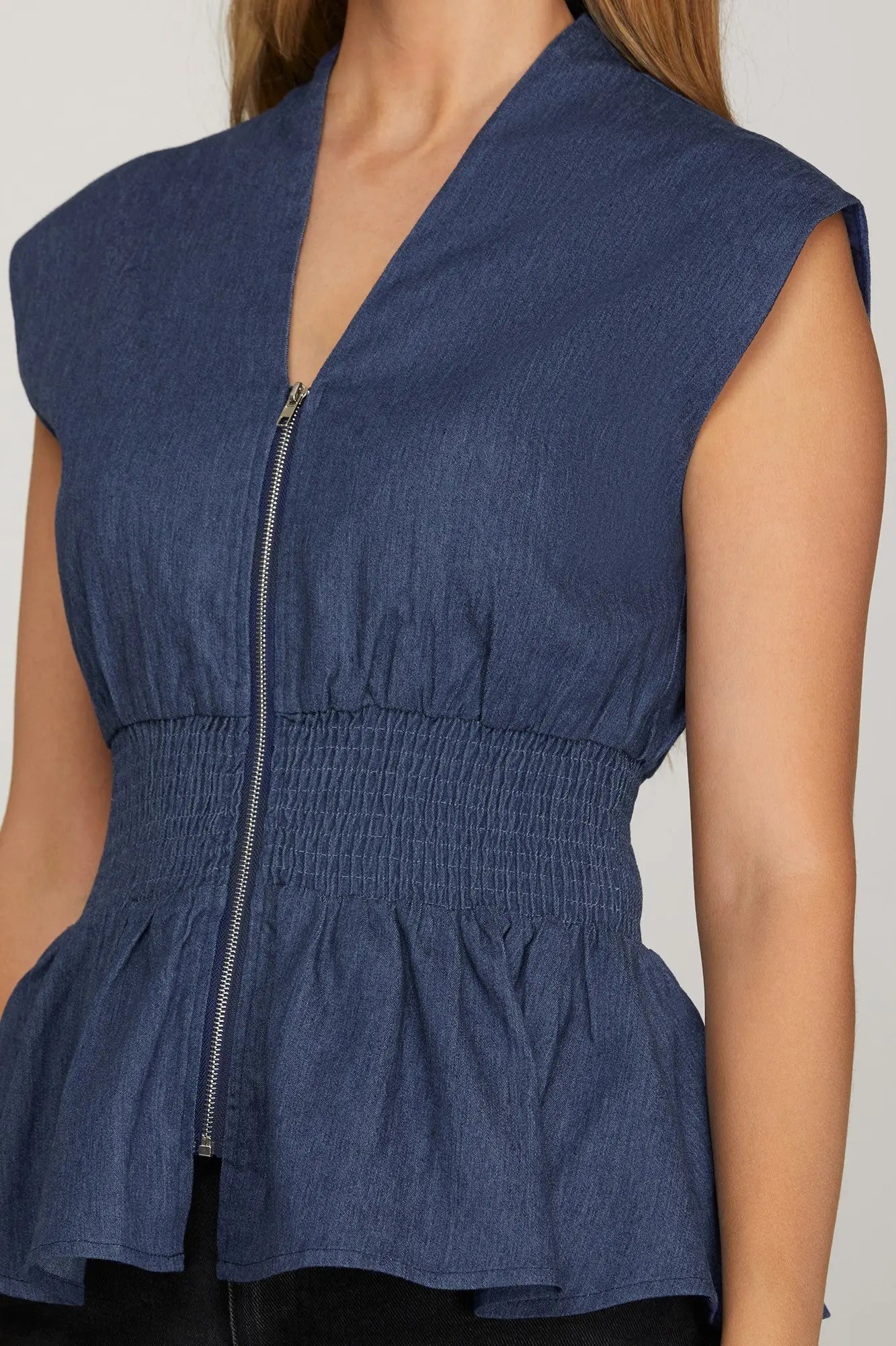 Zip Front Cinched Denim Top