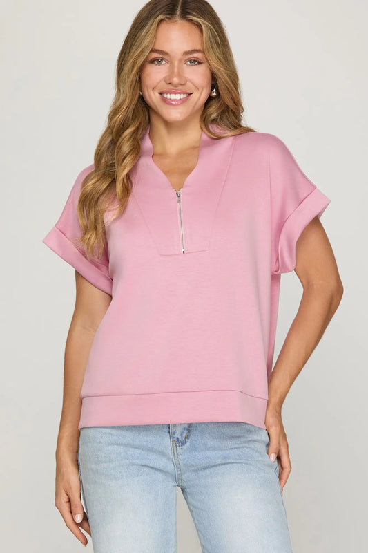 High Neck Half-Zip Top in Pink