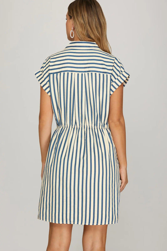 Drop Shoulder Navy Striped Mini Dress