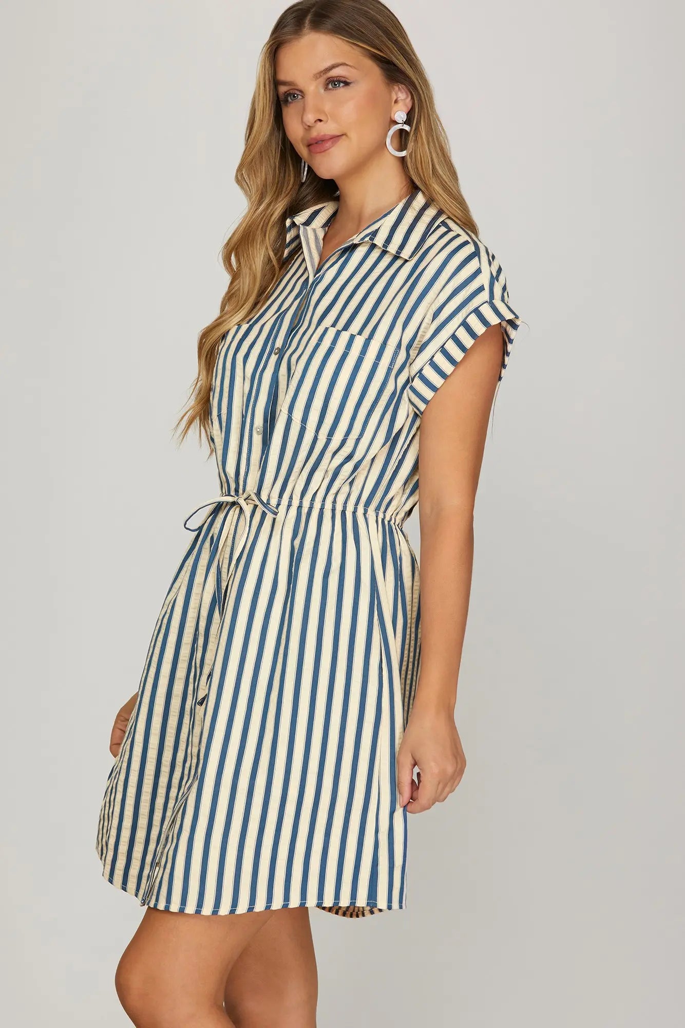 Drop Shoulder Navy Striped Mini Dress