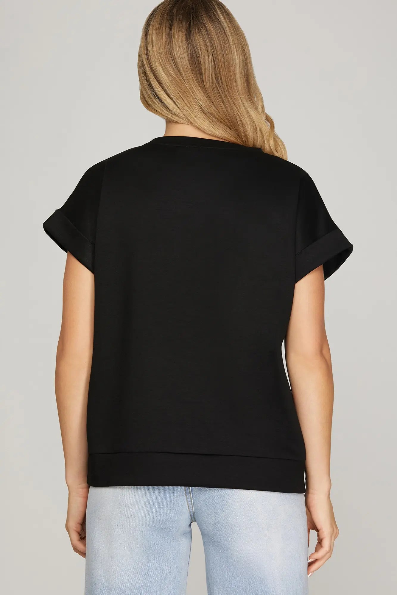 Cuffed Sleeve Knit Top in Black