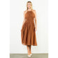 Sleeveless Crinkled Midi Dress in Brown