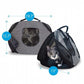 Pet carrier with a cat inside, showing dimensions on a white background