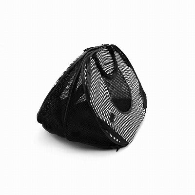 Black and white pet carrier with mesh side on a white background