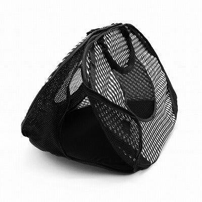 Black and white pet carrier with mesh side on a white background
