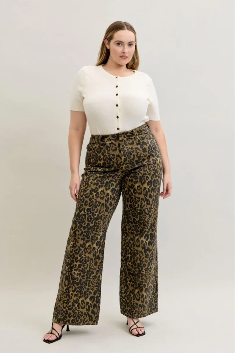 Judy Blue High Waist Retro Leopard Wide Leg Jeans