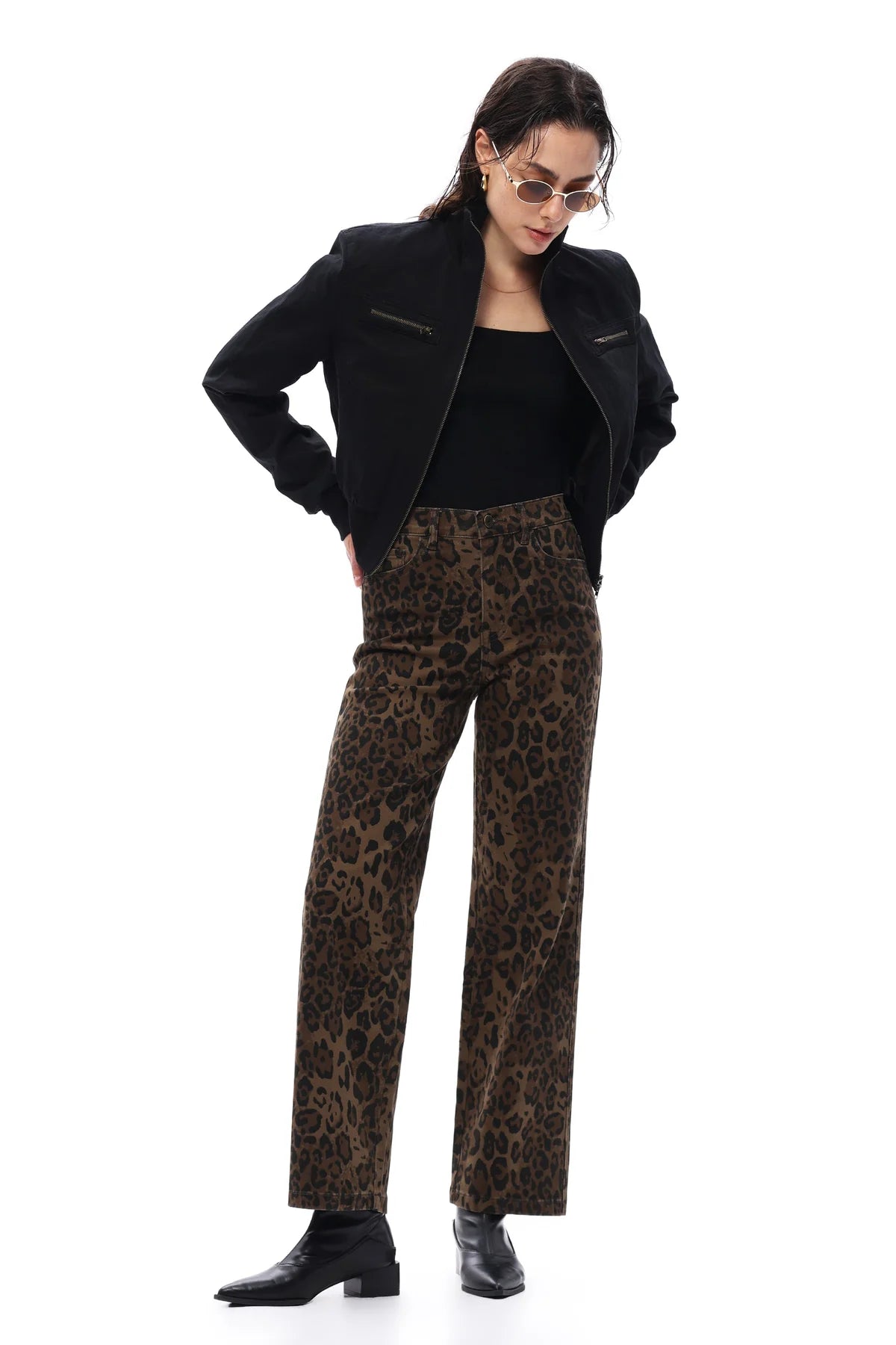 Bayeas High Rise Leopard Print Straight Leg Pants in Coffee