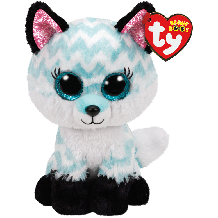 Plush toy fox with blue and white chevron pattern, black accents, and Ty Beanie Boos tag.