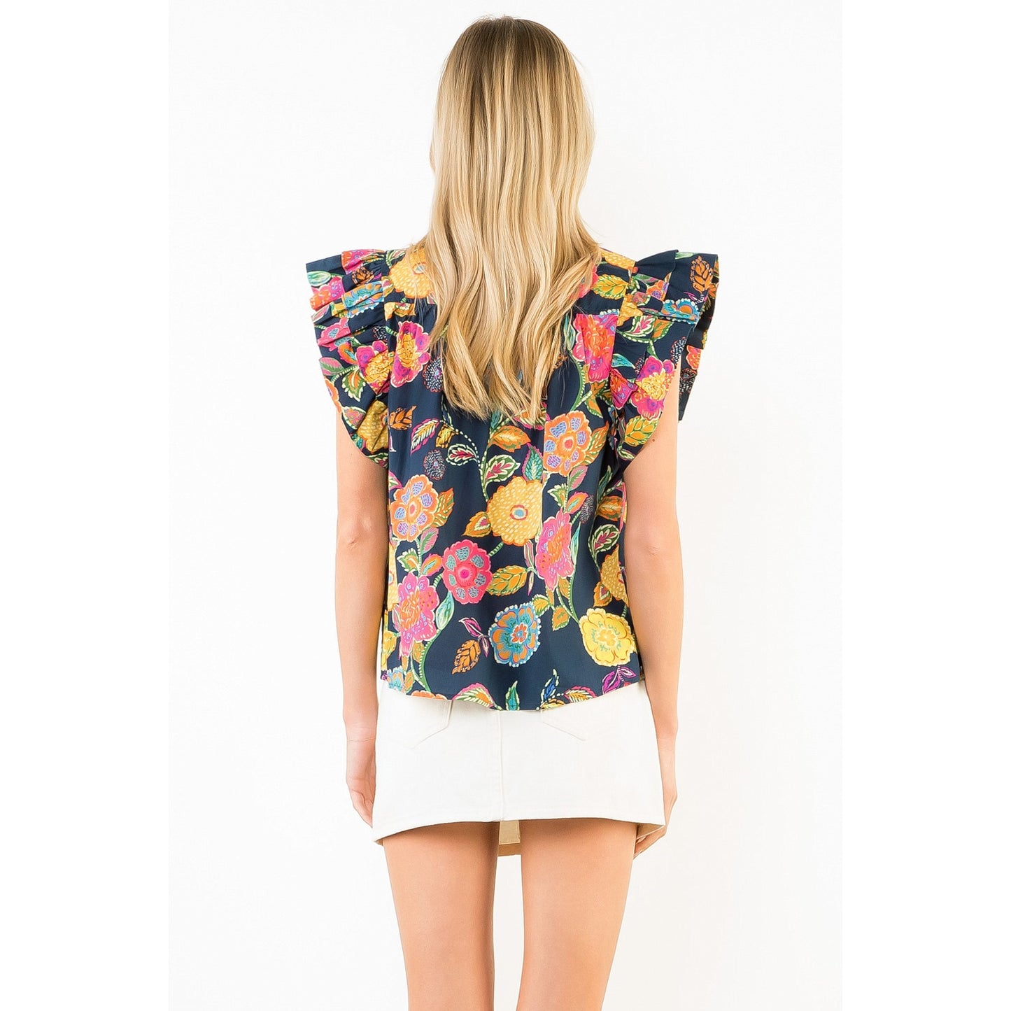 Ruffle Sleeve Navy Floral Pattern Top