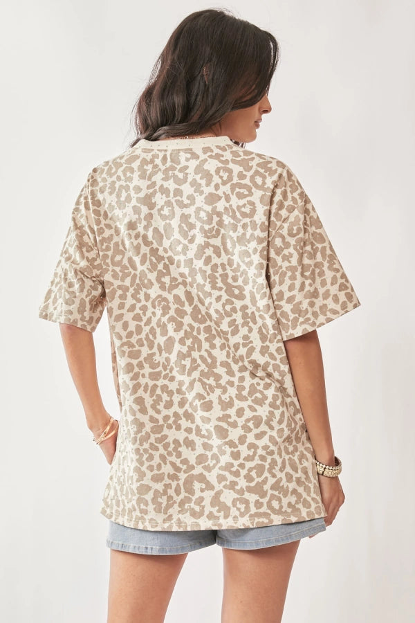 Davi & Dani Leopard Rhinestone Short Sleeve Tee in Cloud Taupe