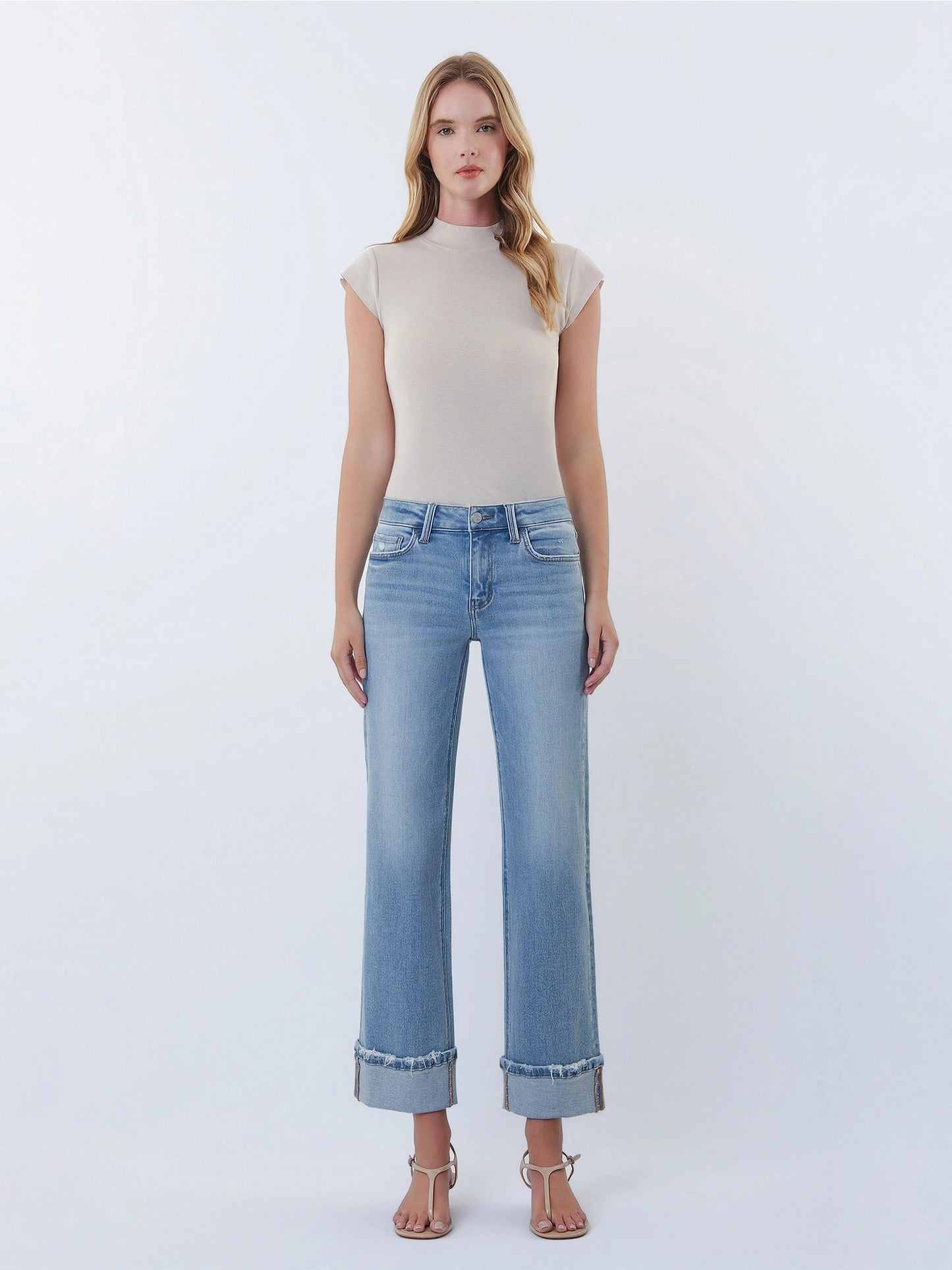 Lovervet Mid-Rise Medium Light Cuffed Slim Wide Leg Jeans