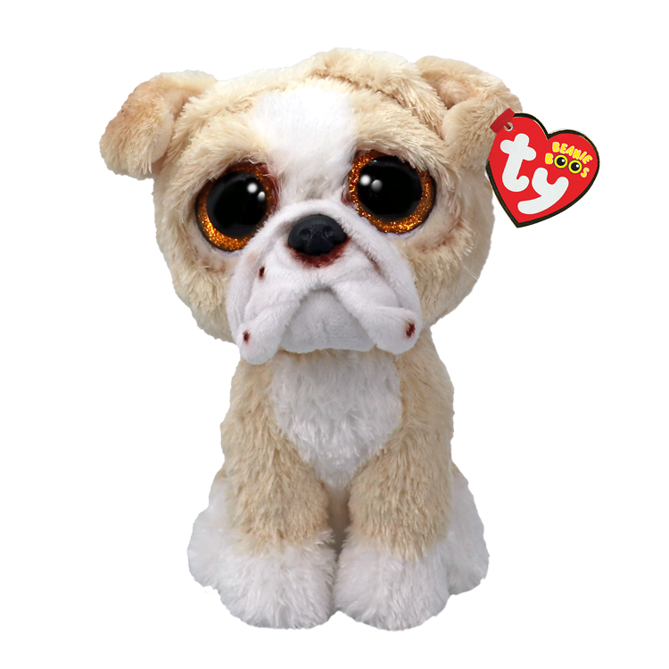 Plush English bulldog toy with a Ty Beanie Boos tag on a white background