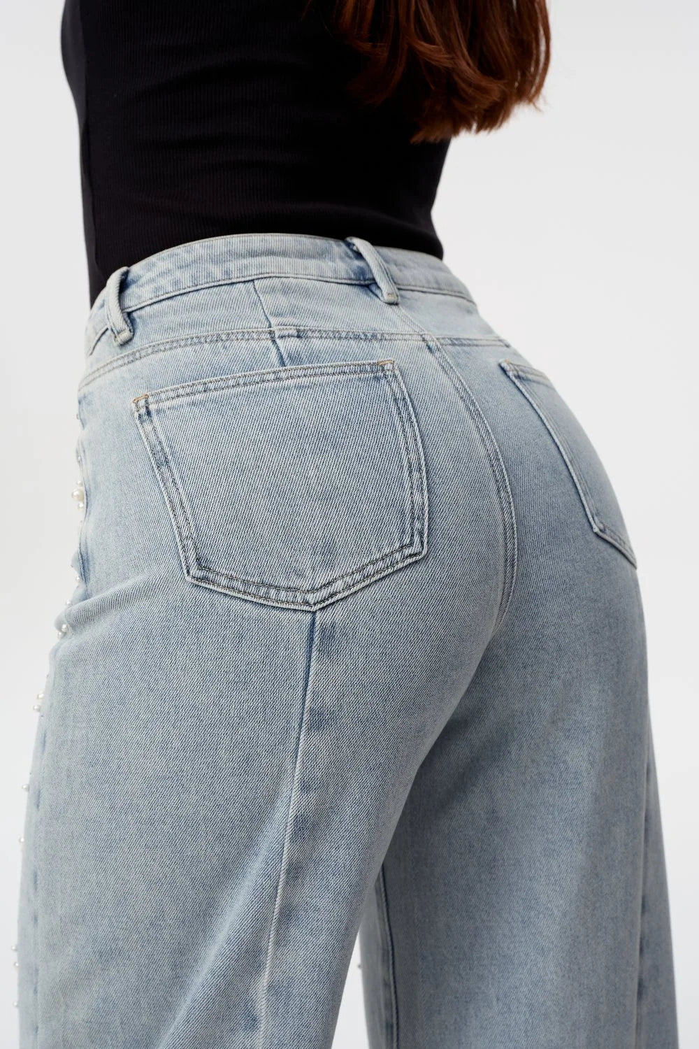 Bayeas High Rise Rhinestone Barrel Leg Jeans in Glacier