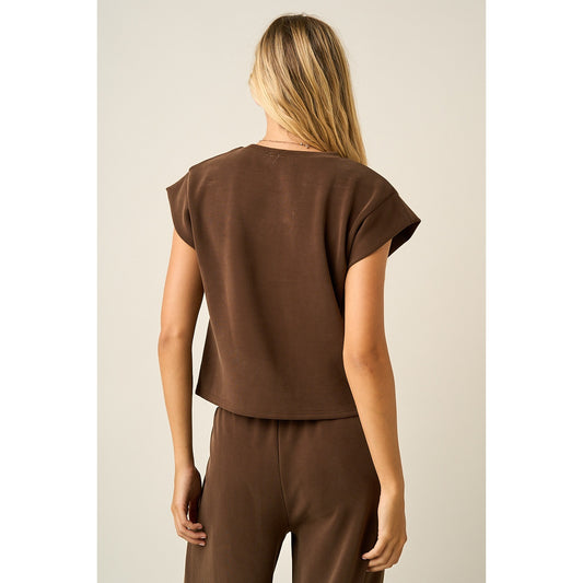 Cloud Knit Cap Sleeve Athleisure Top in Brown
