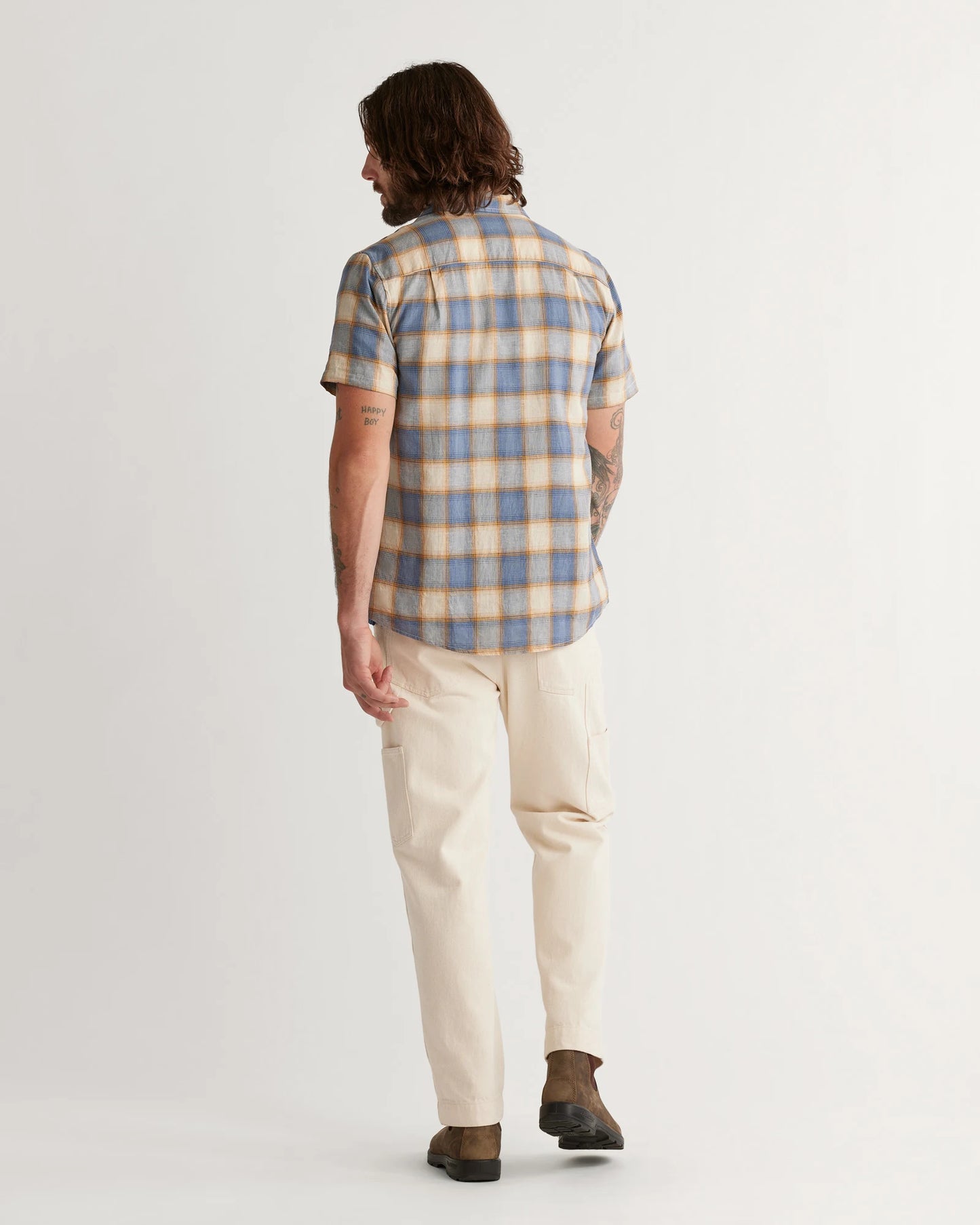 Pendleton Men's Short Sleeve Dawson Linen Shirt in Tan/Indigo Plaid