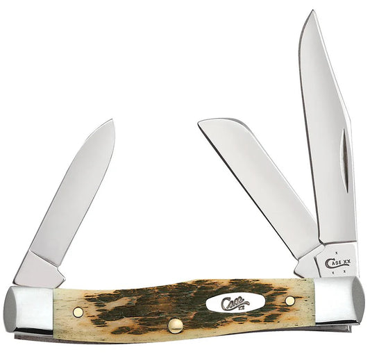 Case Peach Seed Jig Amber Bone Carbon Steel Medium Stockman with Pen Blade