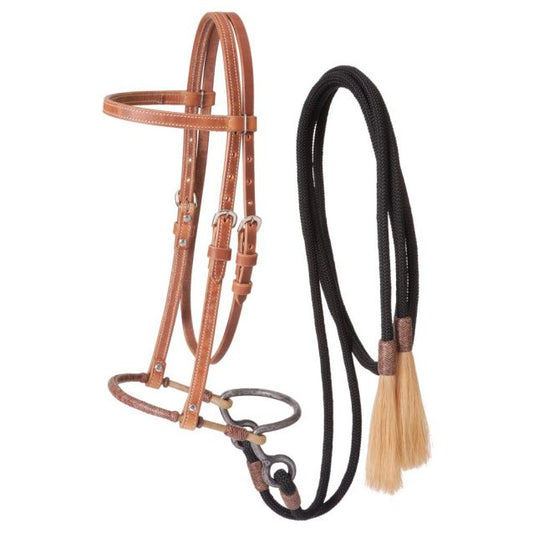 Tough1 Harness Leather Headstall with Training Bosal and Cord Split Reins