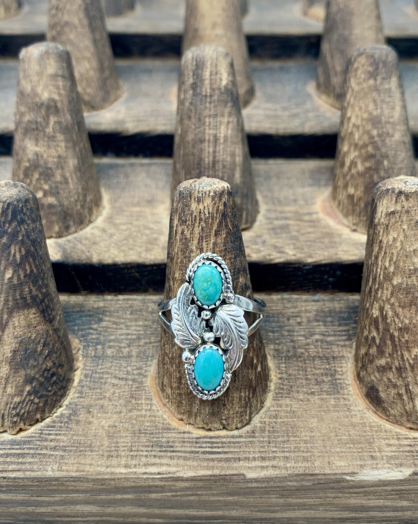 2 Stone Turquoise Ring with Feather Embellishments -Size 8
