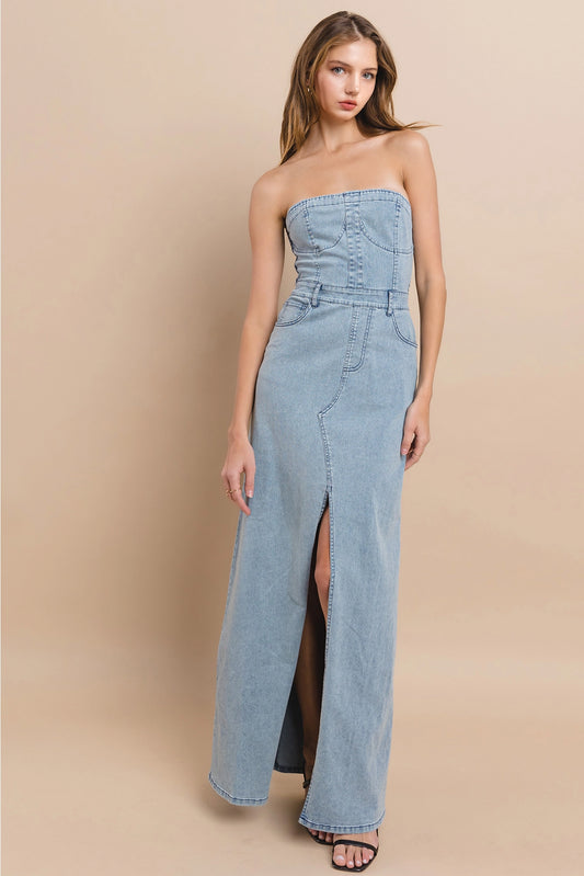 Strapless Light Wash Denim Tube Maxi Dress