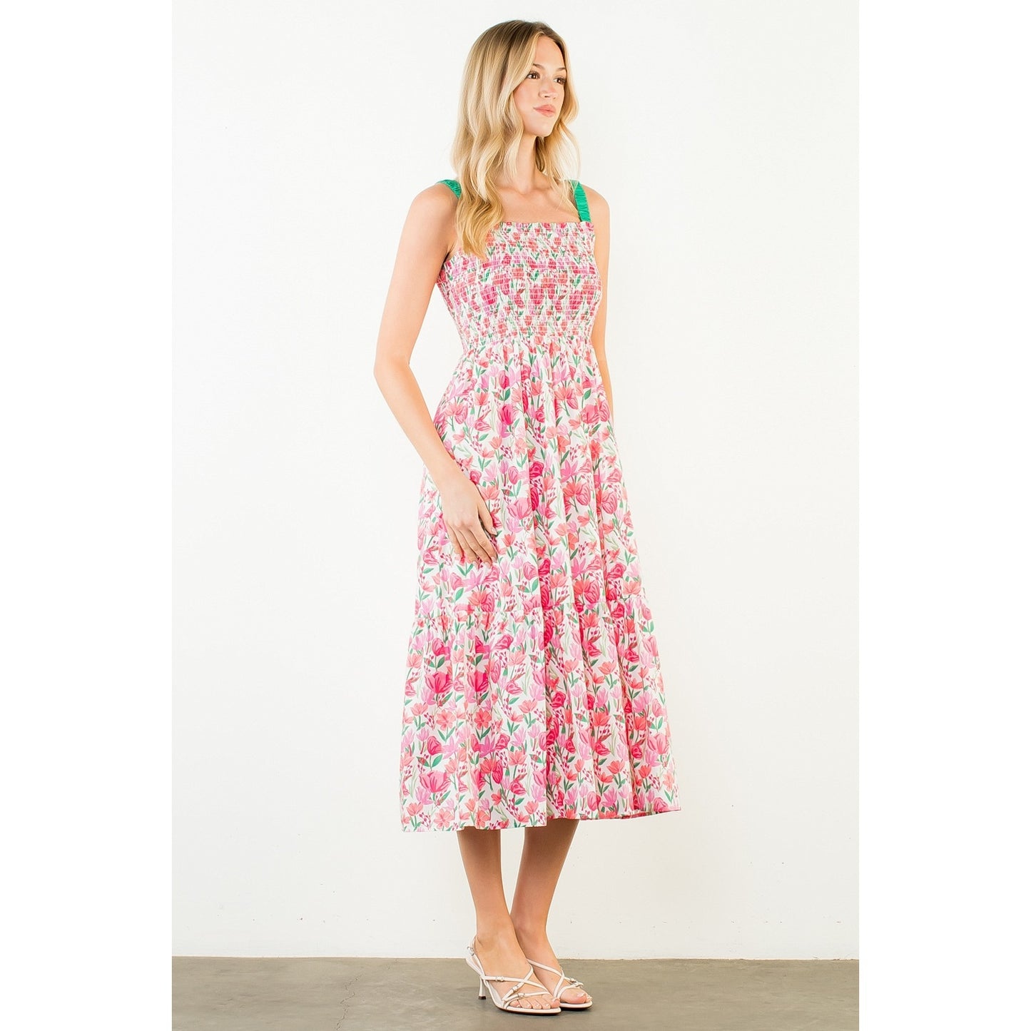 Floral Print Smocked Bodice Tiered Maxi Dress