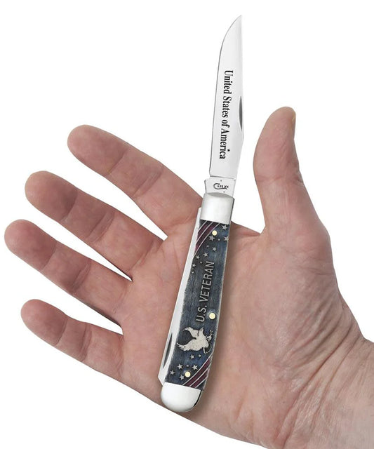 Case U.S. Veteran Gift Set Embellished Smooth Natural Bone with Blue and Red Color Wash Trapper