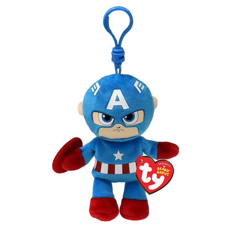 Plush keychain of Captain America with a visible Ty logo on a white background