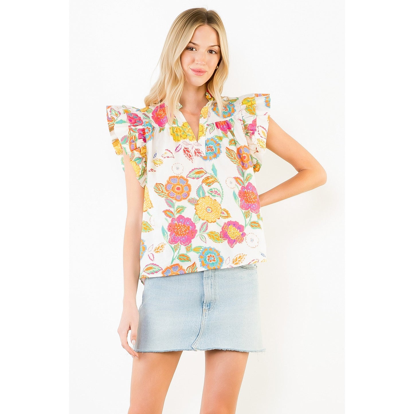 Ruffle Sleeve Floral Pattern Top
