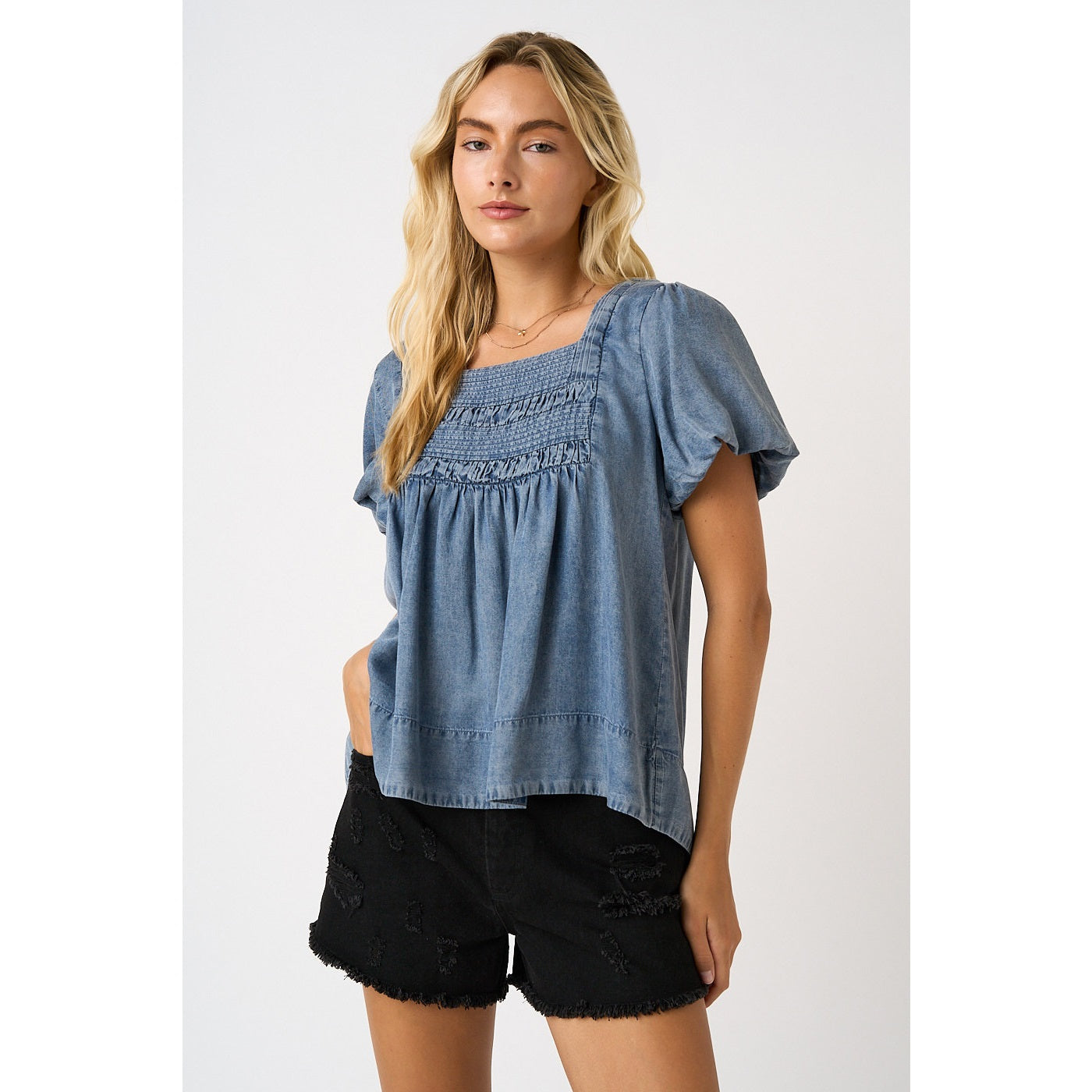 Washed Chambray Pleated Yoke Puff Sleeve Top in Dark Denim