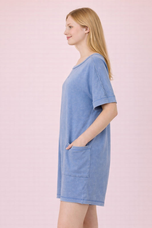 Mineral Washed Knit Casual Romper in Denim