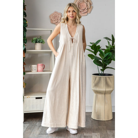 Cream Pleated Sleeveless Jumpsuit