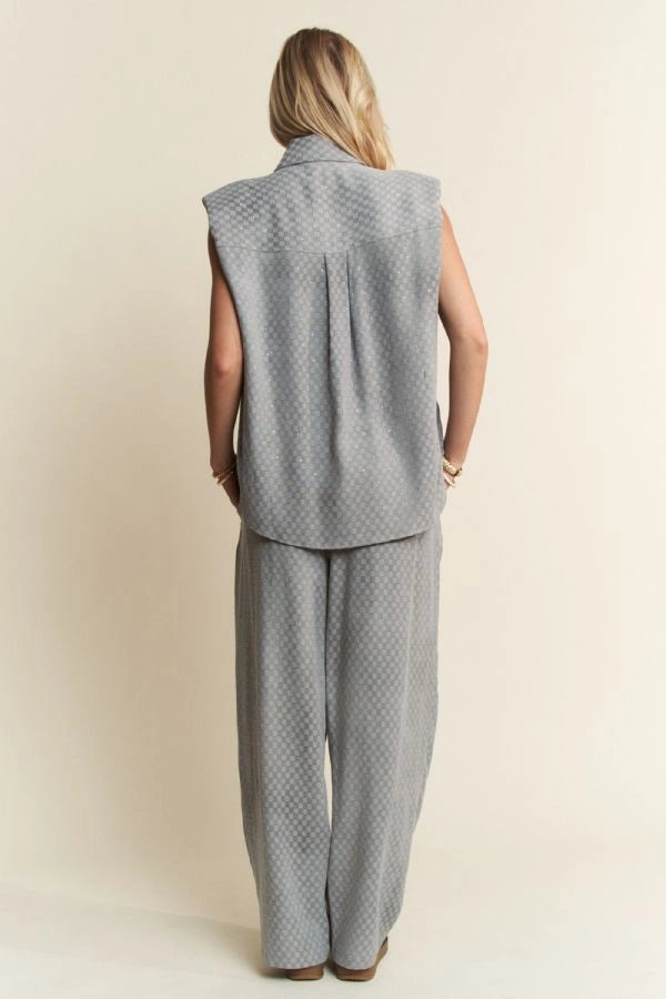 Davi & Dani Checkered Denim Button Down Shirt & Long Pants Set