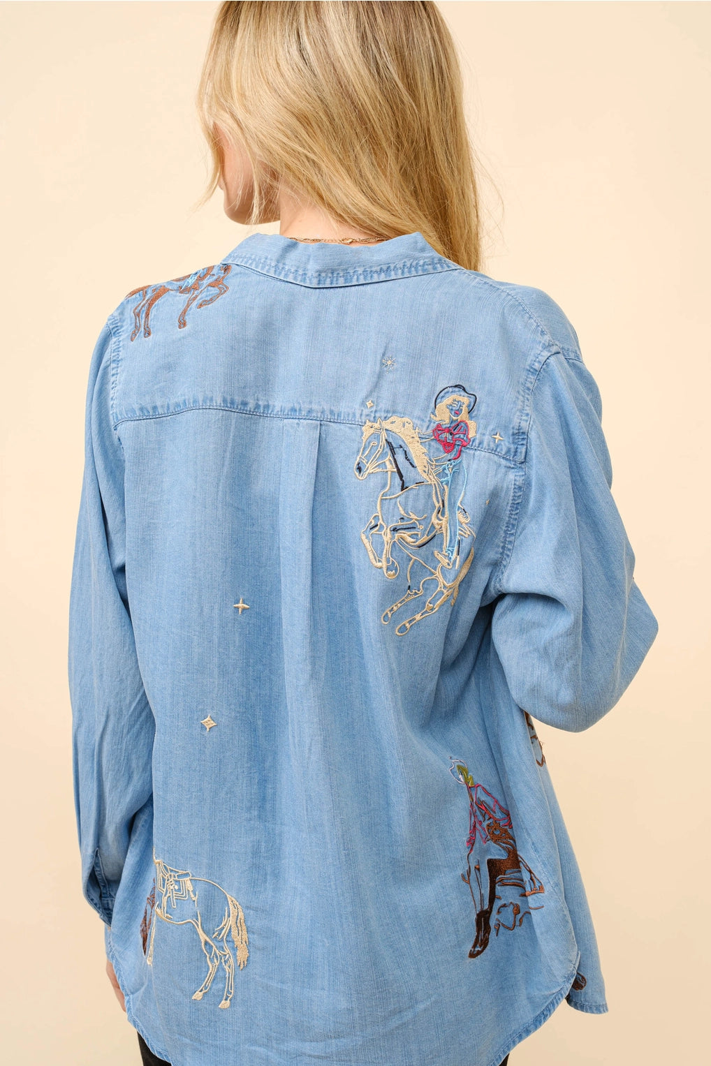 Western Motif Denim Embroidered Tencel Shirt