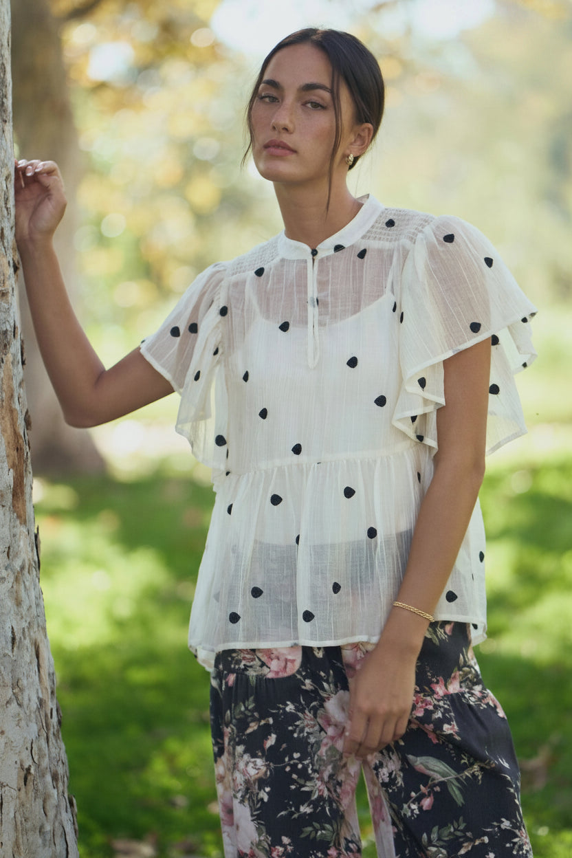 Davi & Dani Plus Polka Dot Flutter Sleeve Babydoll Top