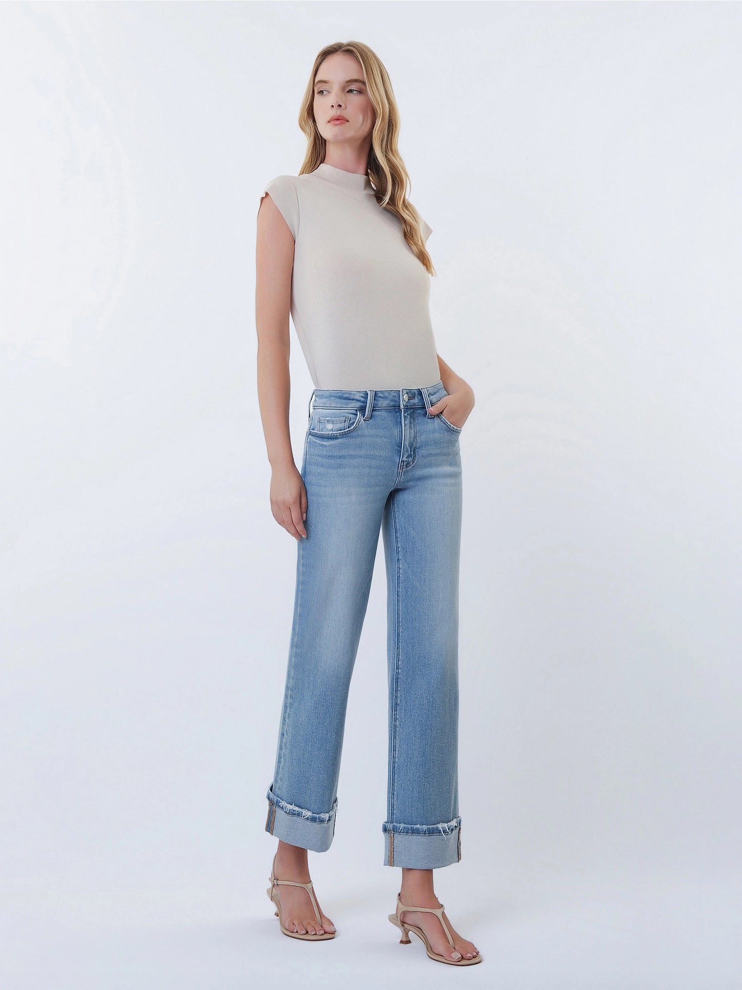 Lovervet Mid-Rise Medium Light Cuffed Slim Wide Leg Jeans
