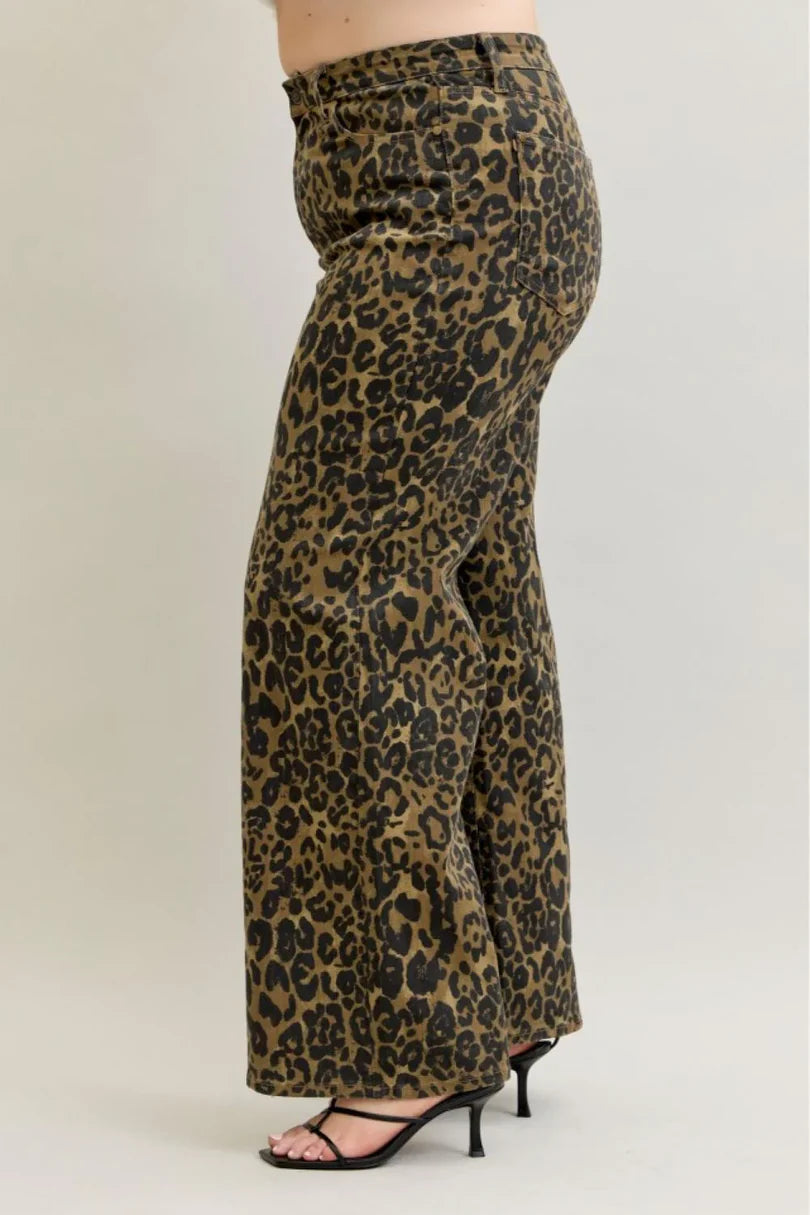 Judy Blue High Waist Retro Leopard Wide Leg Jeans