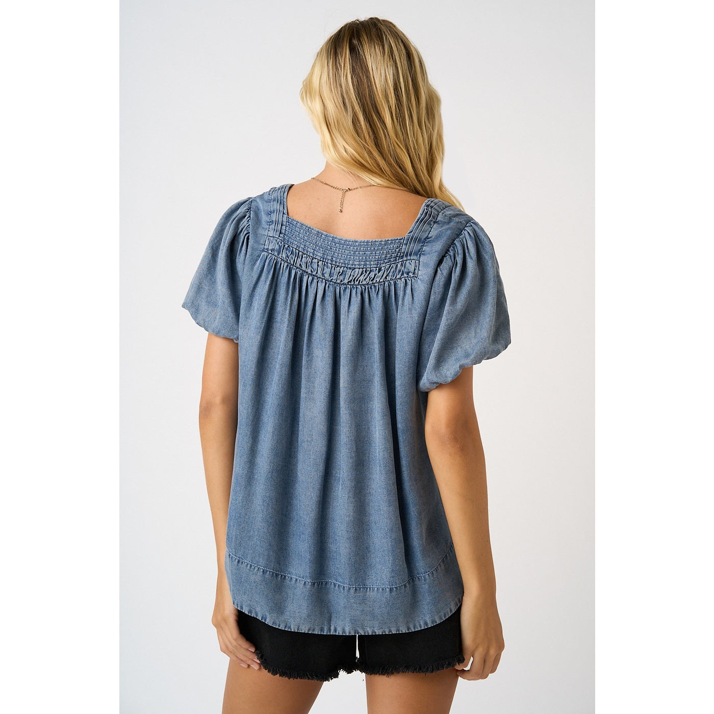 Washed Chambray Pleated Yoke Puff Sleeve Top in Dark Denim