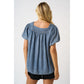 Washed Chambray Pleated Yoke Puff Sleeve Top in Dark Denim