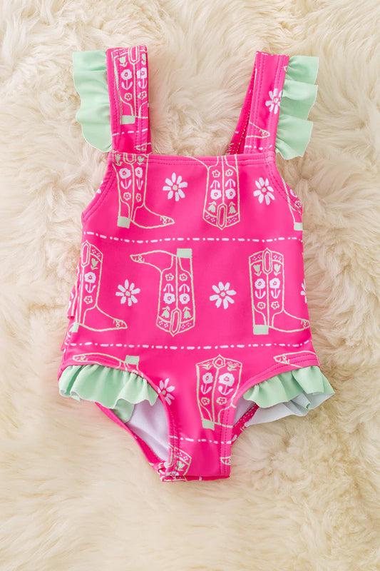 Baby Fuchsia Boot Print Swimsuit with Mint Ruffle Trim