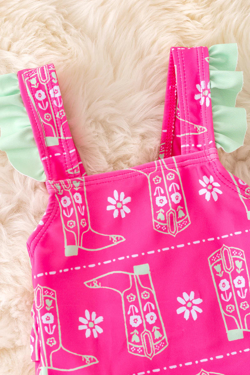 Baby Fuchsia Boot Print Swimsuit with Mint Ruffle Trim