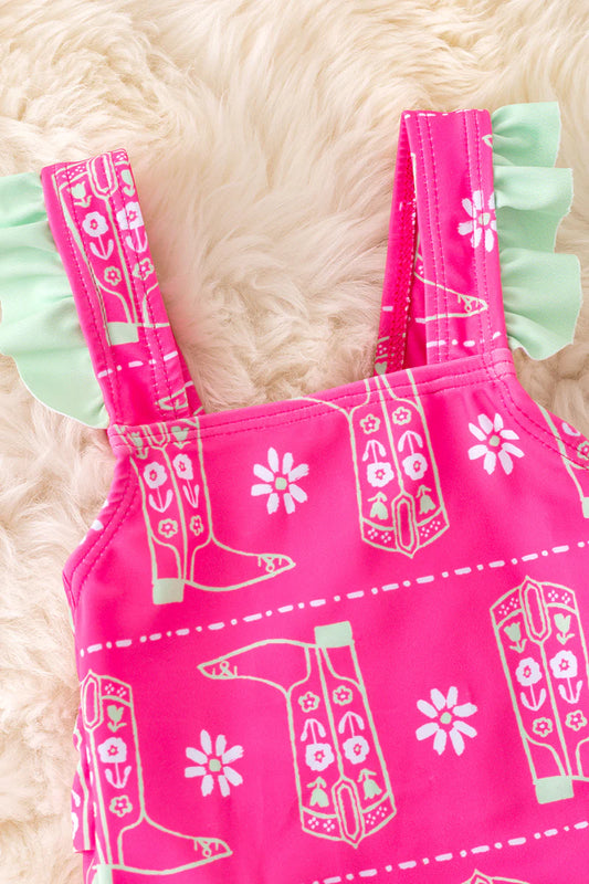 Baby Fuchsia Boot Print Swimsuit with Mint Ruffle Trim