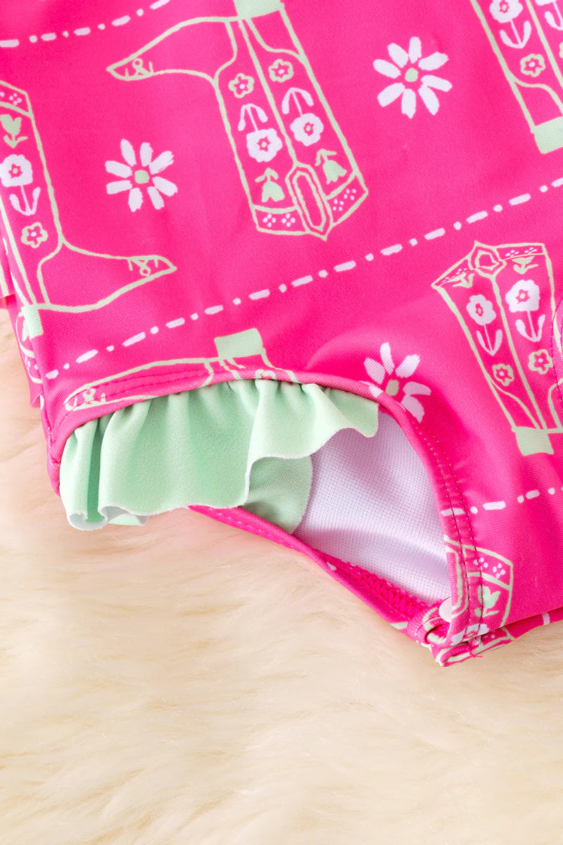 Baby Fuchsia Boot Print Swimsuit with Mint Ruffle Trim