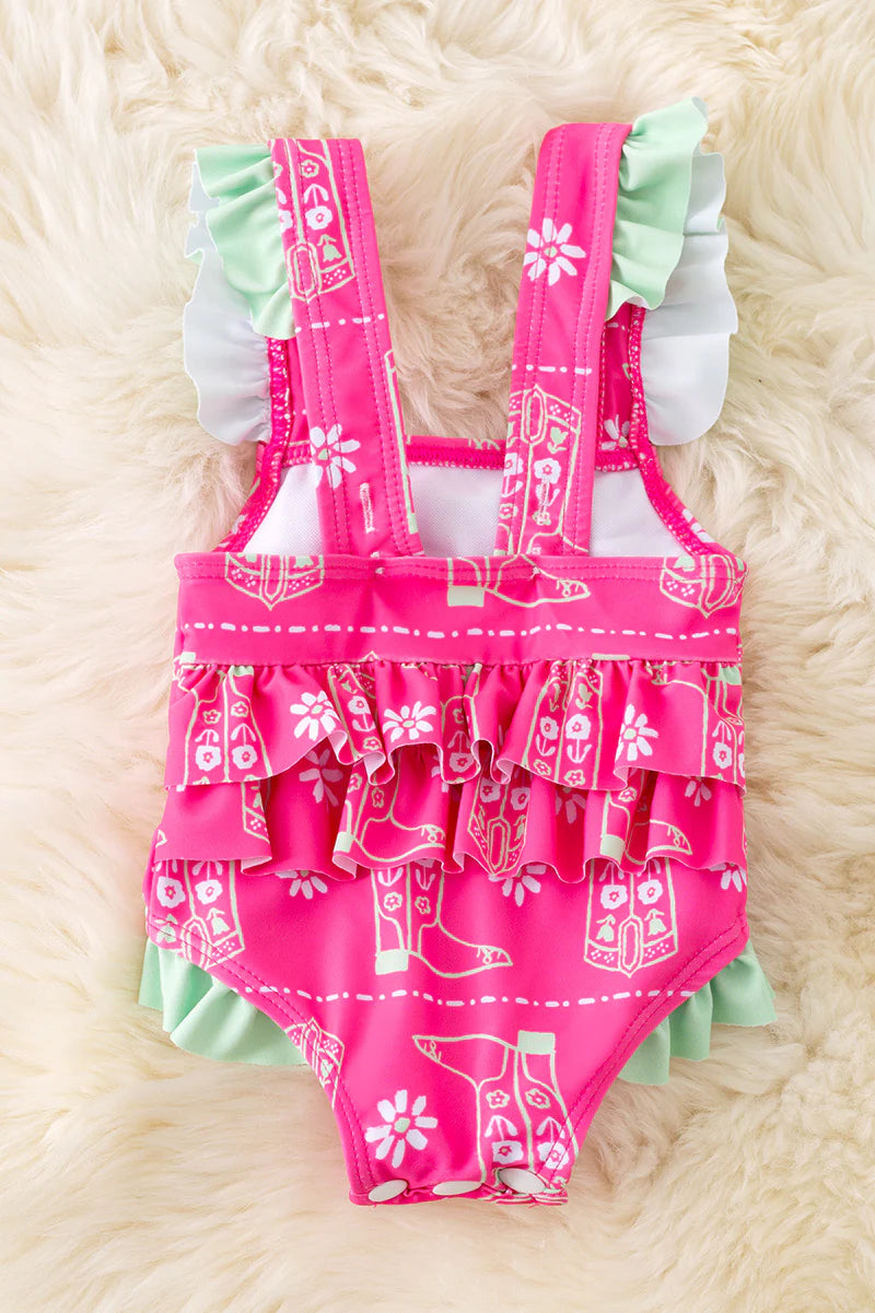 Baby Fuchsia Boot Print Swimsuit with Mint Ruffle Trim
