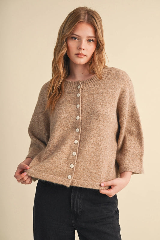 Elbow Length Sleeve Sweater Cardigan in Mocha Brown