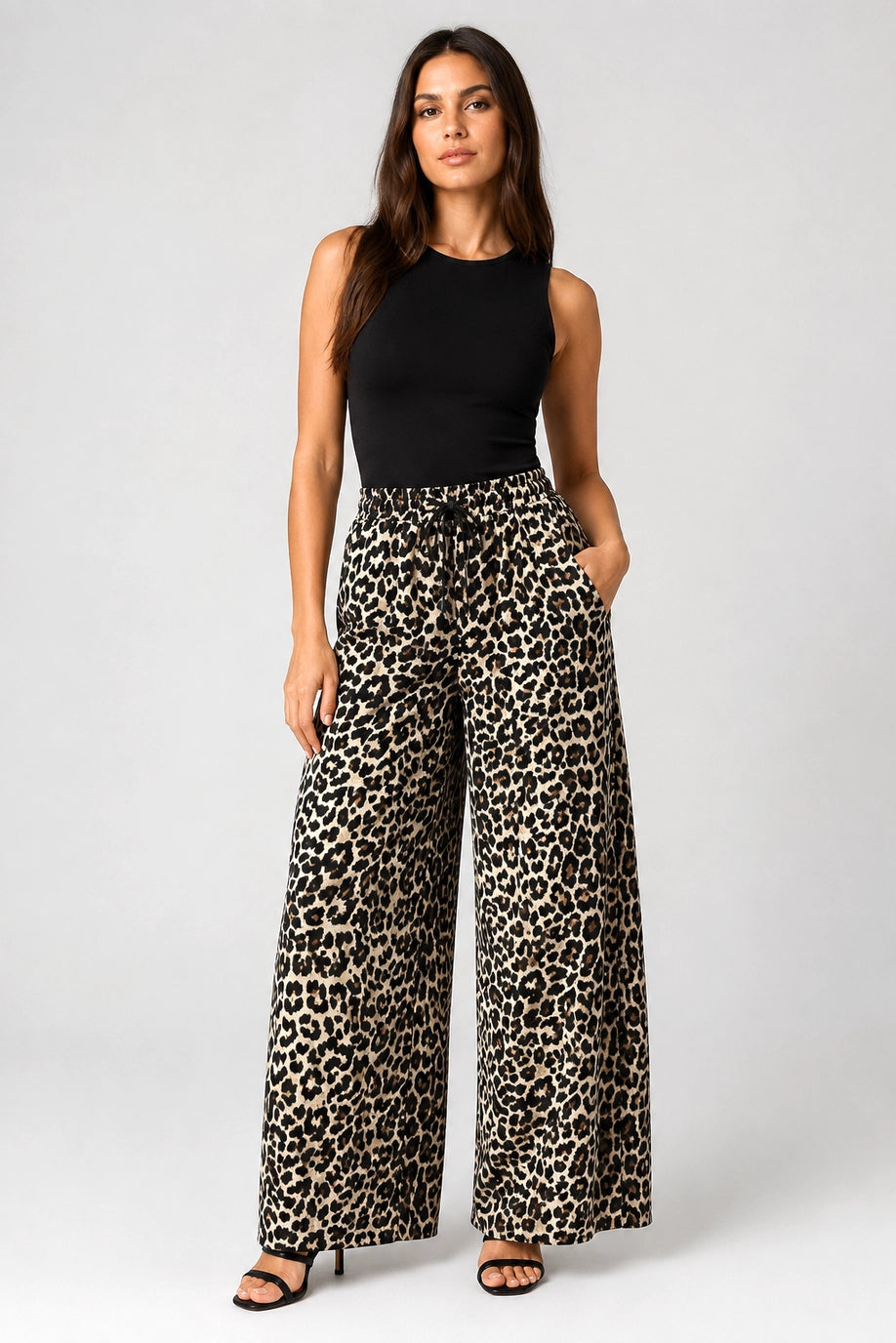 Leopard Print Wide-Leg Drawstring Pants