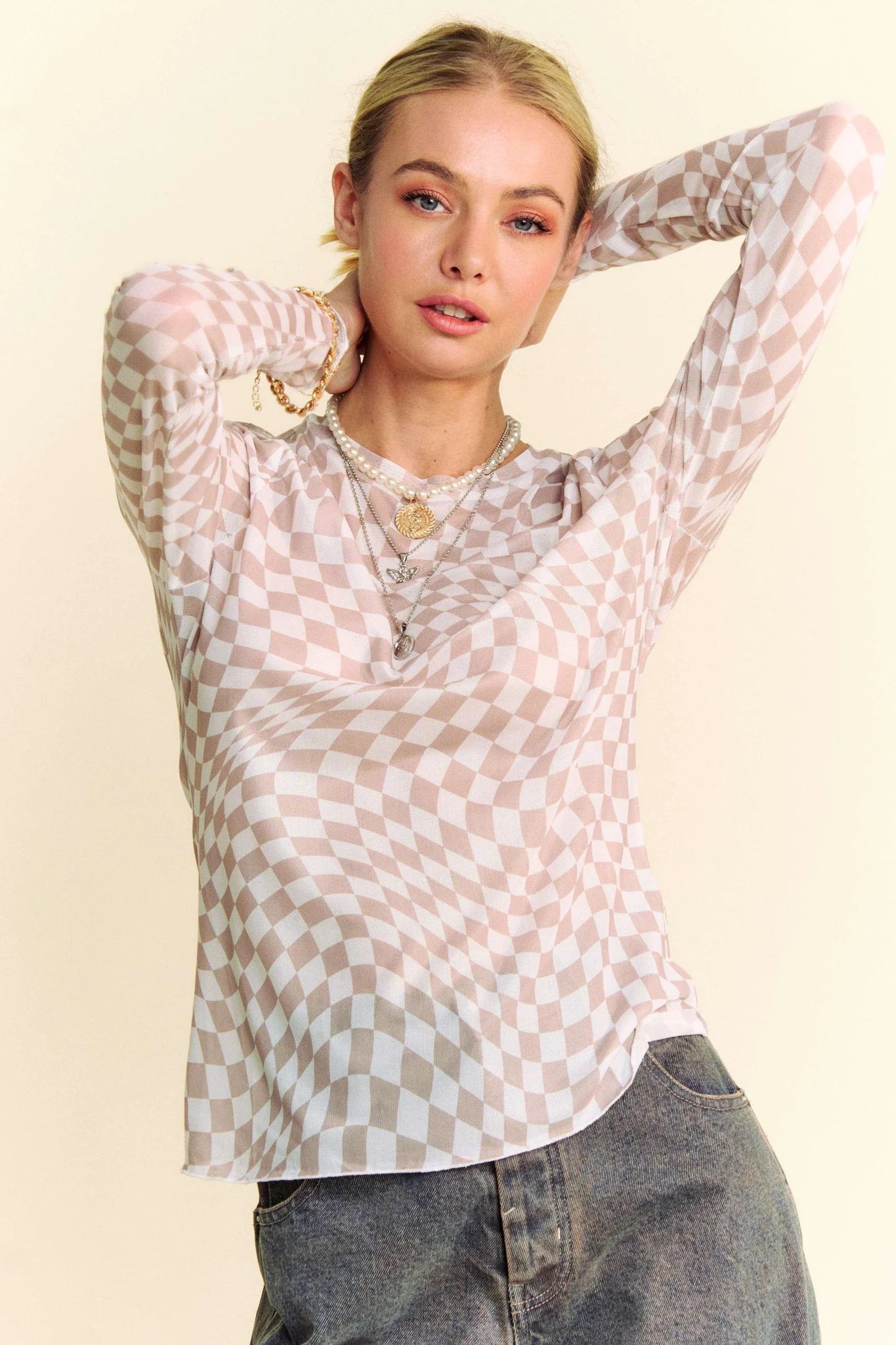 Davi & Dani Ivory and Taupe Checkerboard Mesh Layering Top