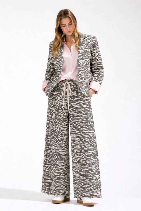 Noaboa Drawstring Waist Tie Wide Pants with Zebra Print