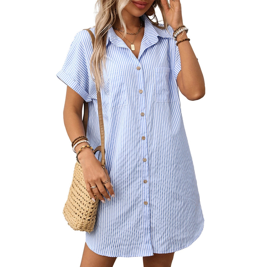 Short-Sleeved Striped Cotton Linen Dress S Short-Sleeved Striped Cotton Linen Dress S