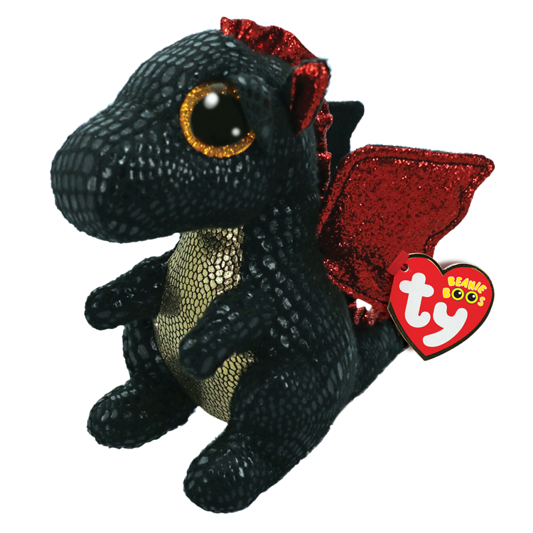 Black and gold dragon plush toy with red wings and Ty Beanie Boos tag on a clear background