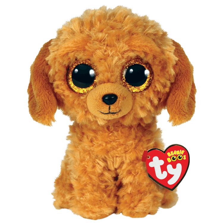 Brown plush Golden Doodle dog toy with Ty Beanie Boos tag on a transparent background